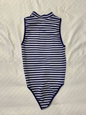 Forever 21 Navy and White Striped Sleeveless Mock Neck Bodysuit
